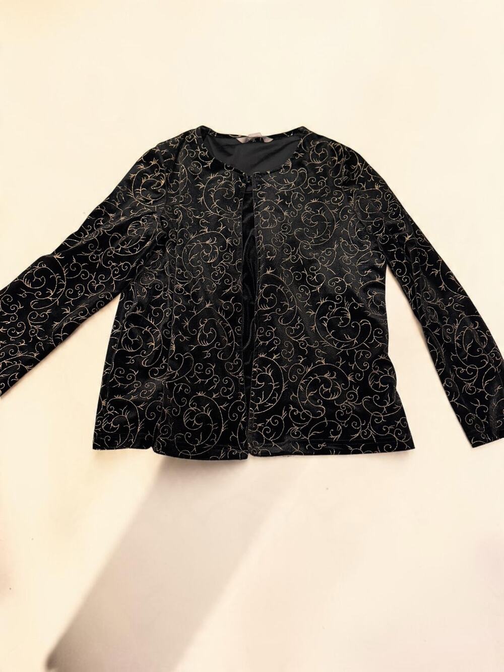 TanJay Black Velvet Jacket Gold Scroll Print Womens Large Holiday Evening